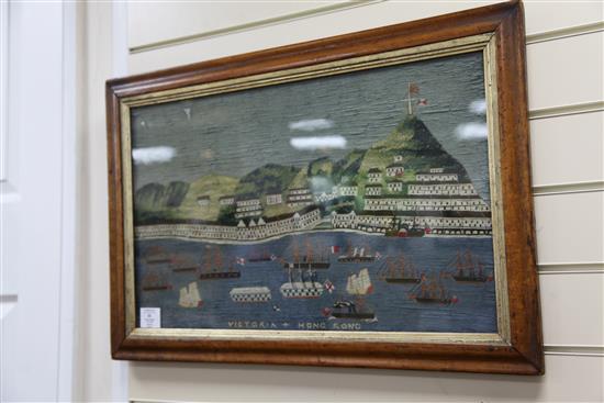 A Victorian woolwork picture of Victoria City, Hong Kong, overall 27.75 x 18.5in.